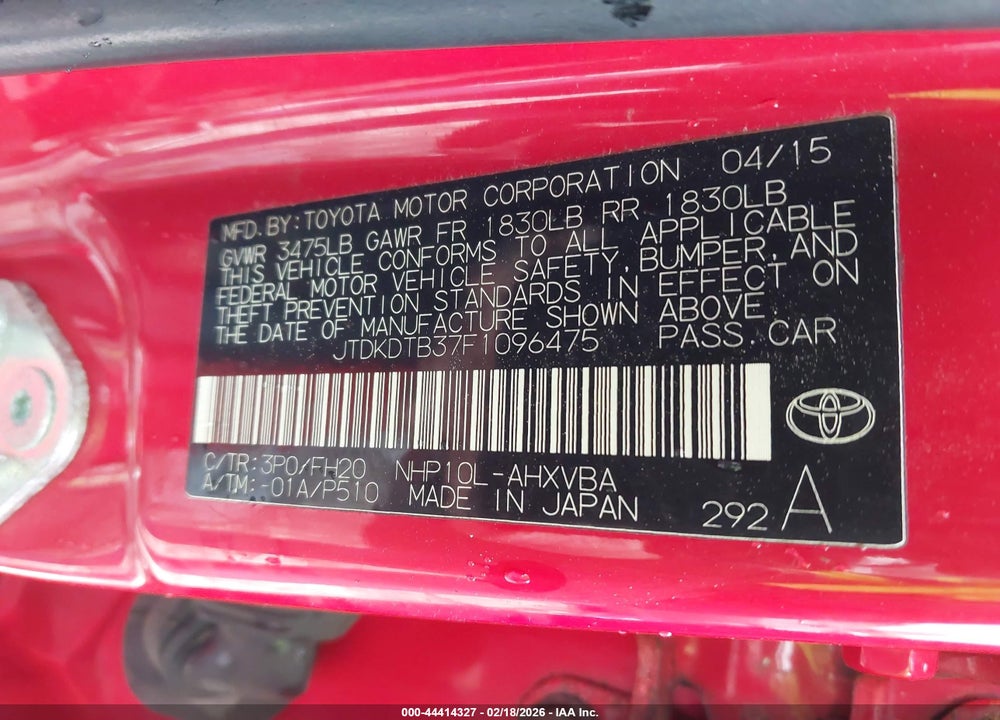 2015 TOYOTA PRIUS C ONE VIN: JTDKDTB37F1096475