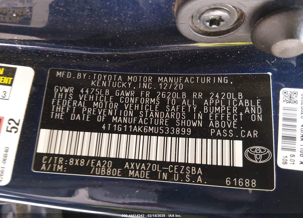 2021 TOYOTA CAMRY SE VIN: 4T1G11AK6MU533899