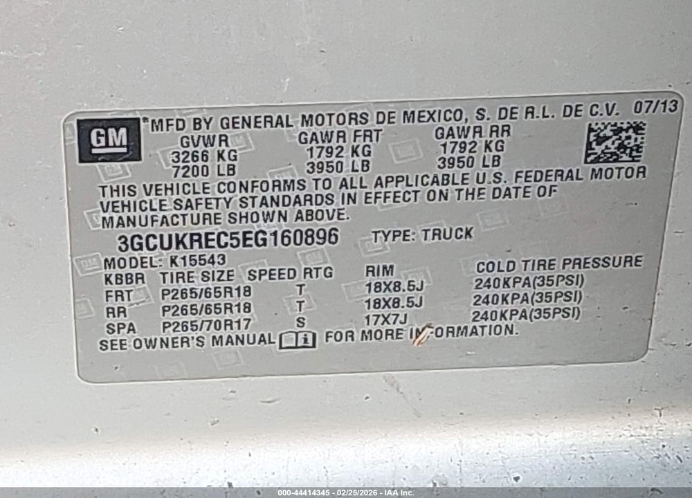 2014 CHEVROLET SILVERADO 1500 2LT VIN: 3GCUKREC5EG160896