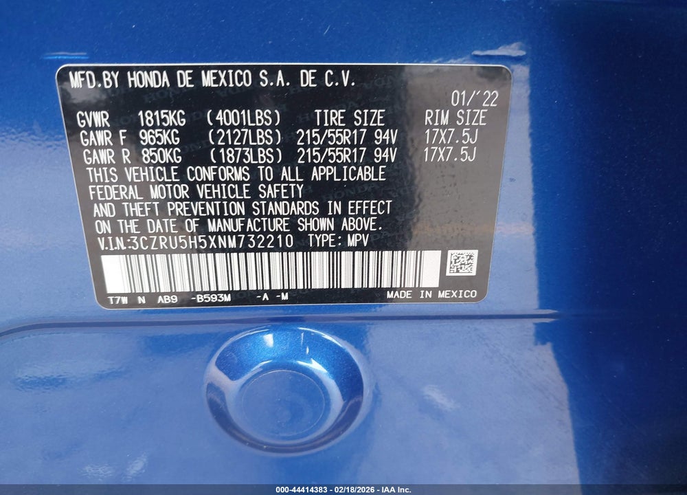 2022 HONDA HR-V 2WD EX VIN: 3CZRU5H5XNM732210