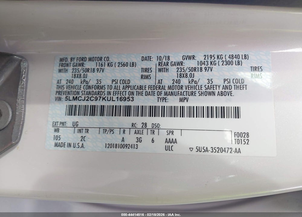 2019 LINCOLN MKC SELECT VIN: 5LMCJ2C97KUL16953