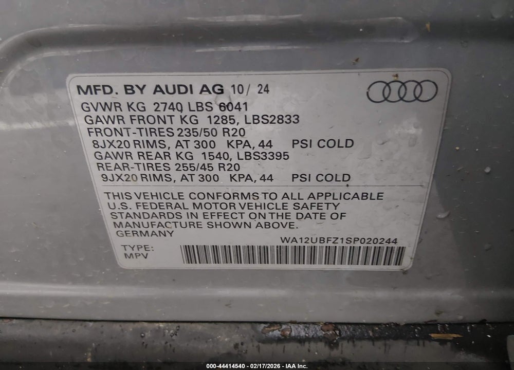 2025 AUDI Q4 SPORTBACK E-TRON PREMIUM 55 QUATTRO VIN: WA12UBFZ1SP020244