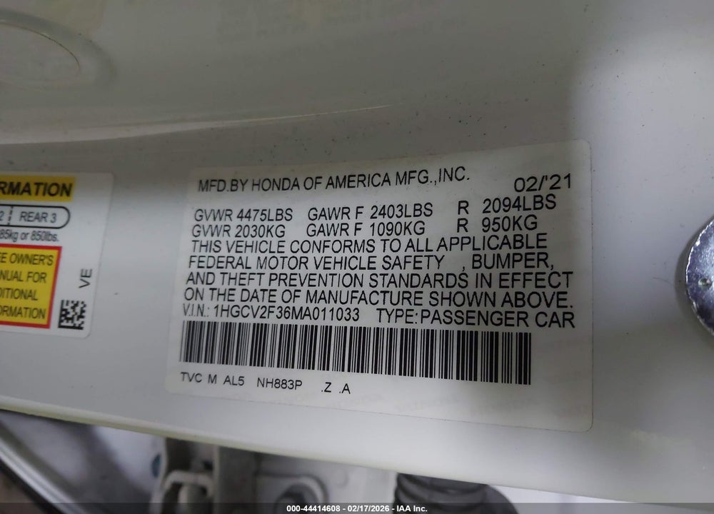 2021 HONDA ACCORD SPORT 2.0T VIN: 1HGCV2F36MA011033
