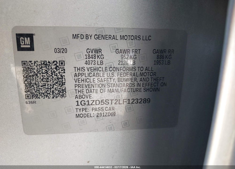 2020 CHEVROLET MALIBU FWD LT VIN: 1G1ZD5ST2LF123289