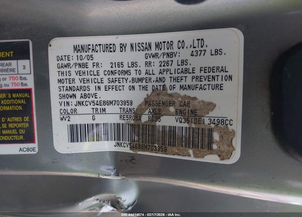 2006 INFINITI G35 VIN: JNKCV54E86M703959