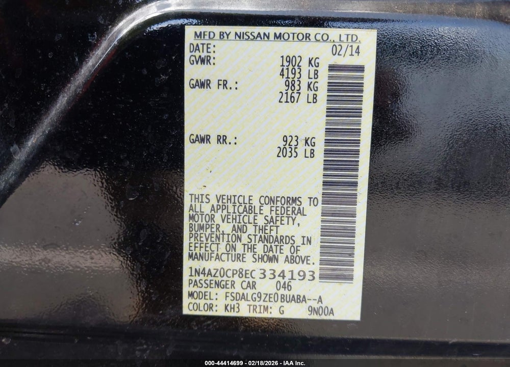 2014 NISSAN LEAF SL VIN: 1N4AZ0CP8EC334193