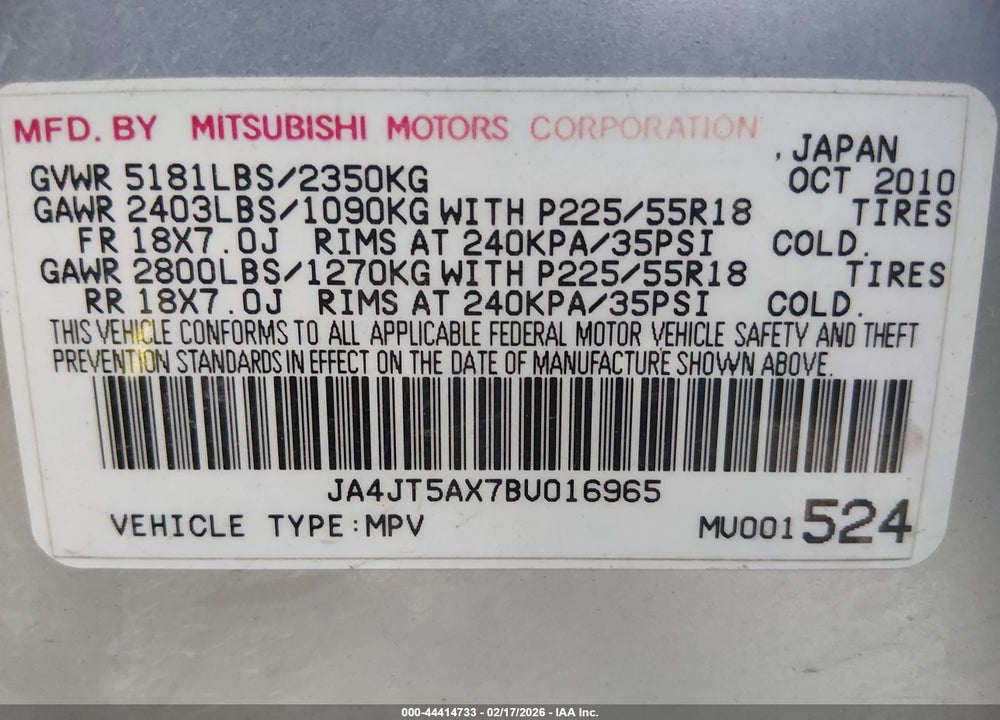 2011 MITSUBISHI OUTLANDER GT VIN: JA4JT5AX7BU016965