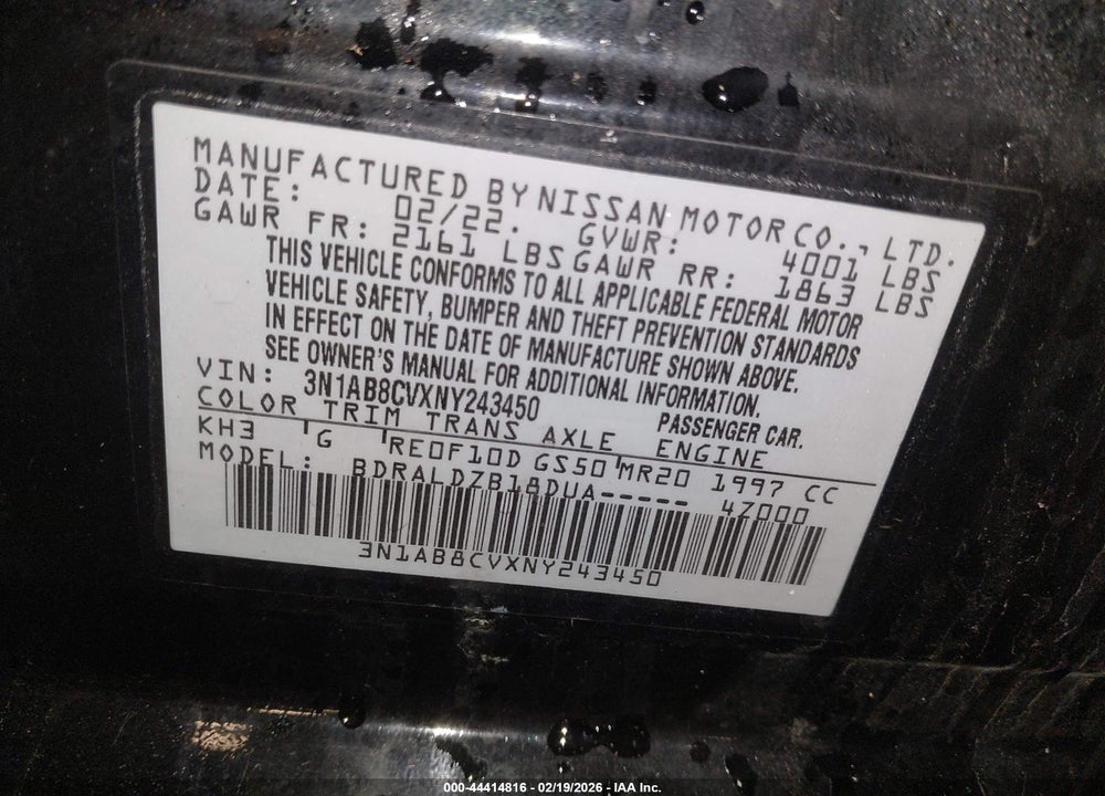 2022 NISSAN SENTRA SV XTRONIC CVT VIN: 3N1AB8CVXNY243450