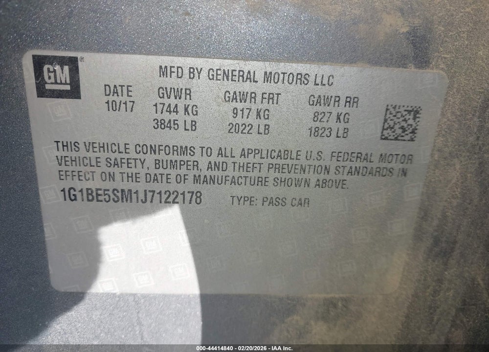 2018 CHEVROLET CRUZE LT AUTO VIN: 1G1BE5SM1J7122178