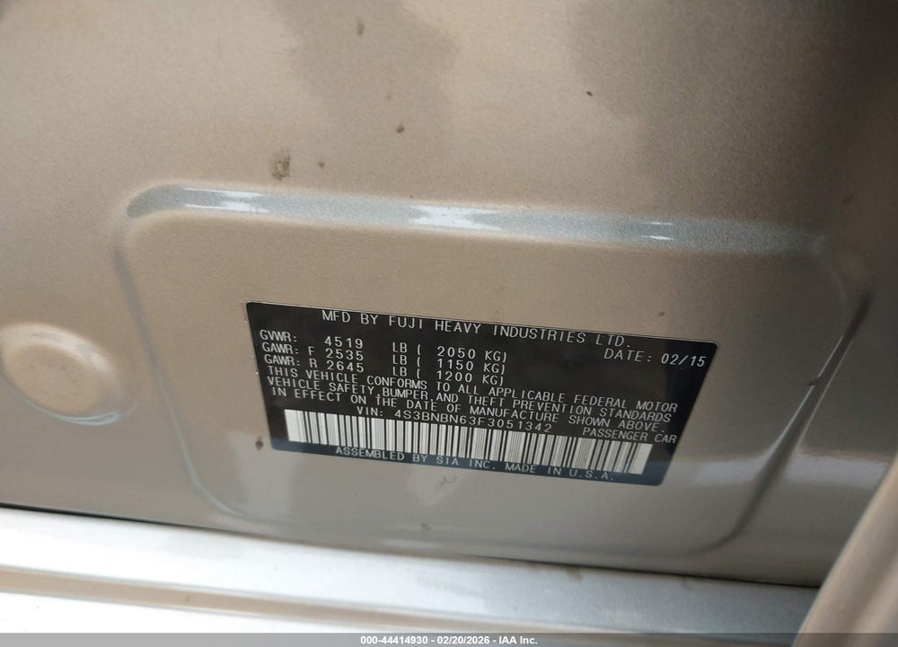 2015 SUBARU LEGACY 2.5I LIMITED VIN: 4S3BNBN63F3051342