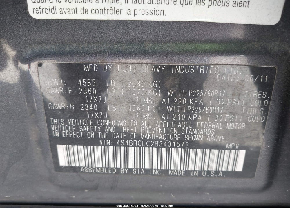 2011 SUBARU OUTBACK 2.5I LIMITED VIN: 4S4BRCLC2B3431572