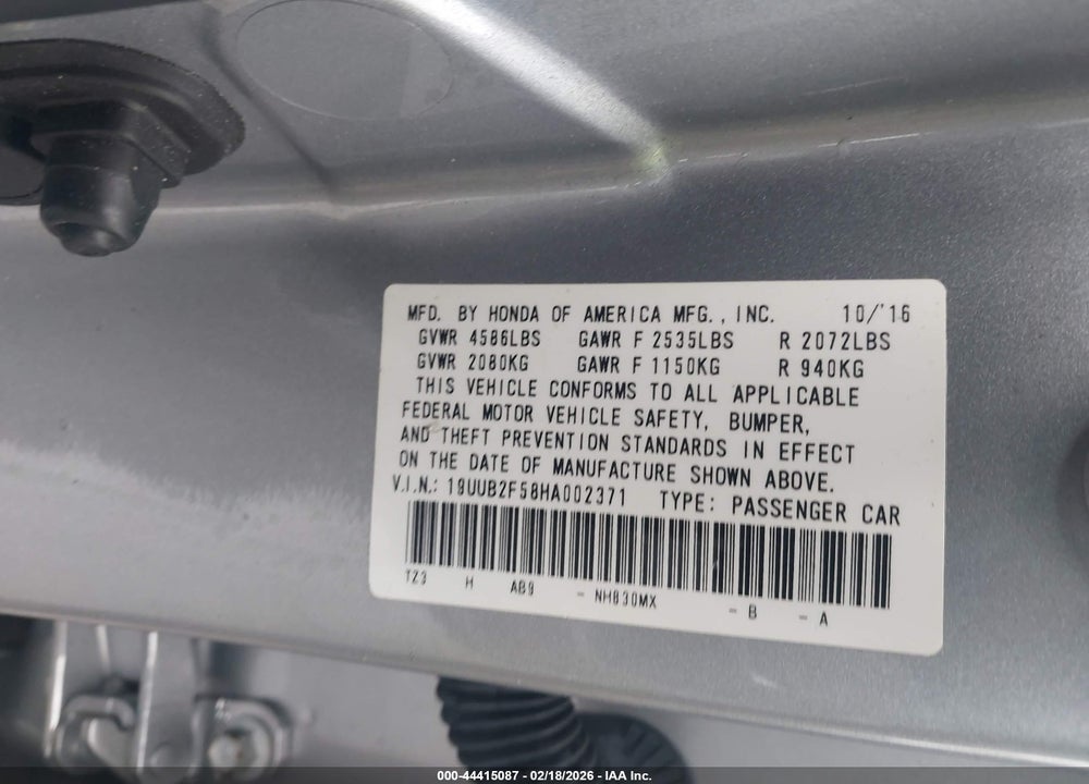 2017 ACURA TLX TECHNOLOGY PACKAGE VIN: 19UUB2F58HA002371