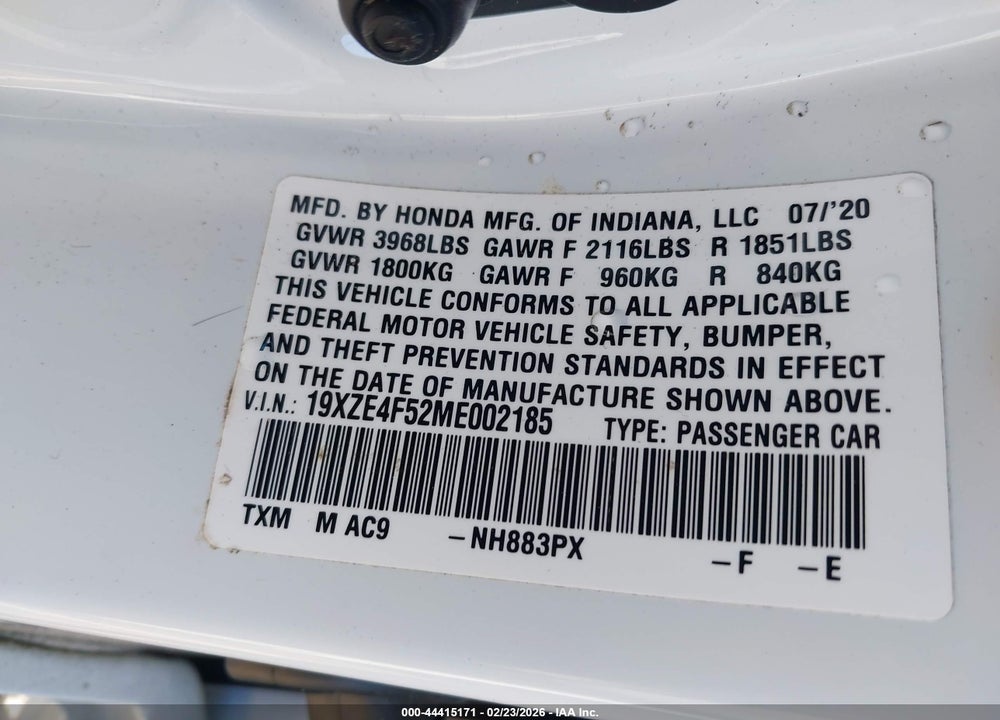 2021 HONDA INSIGHT EX VIN: 19XZE4F52ME002185