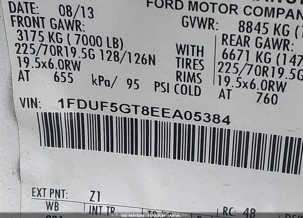 2014 FORD F-550 CHASSIS VIN: 1FDUF5GT8EEA05384