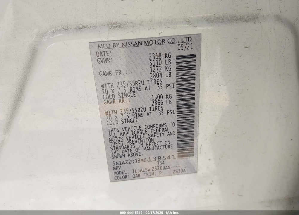 2021 NISSAN MURANO PLATINUM FWD VIN: 5N1AZ2DJ8MC138541