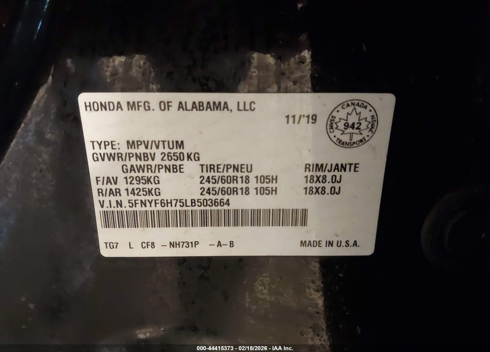 2020 HONDA PILOT AWD BLACK EDITION VIN: 5FNYF6H75LB503664
