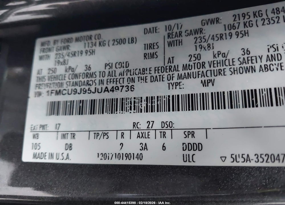 2018 FORD ESCAPE TITANIUM VIN: 1FMCU9J95JUA49736