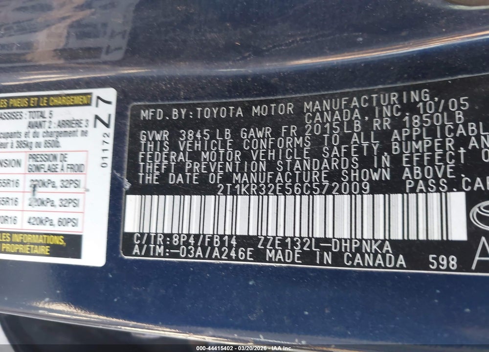 2006 TOYOTA MATRIX XR VIN: 2T1KR32E56C572009