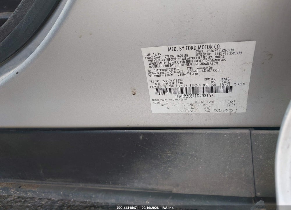 2015 FORD TAURUS SEL VIN: 1FAHP2E87FG203157