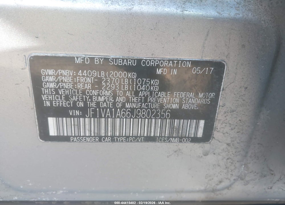 2018 SUBARU WRX VIN: JF1VA1A66J9802356