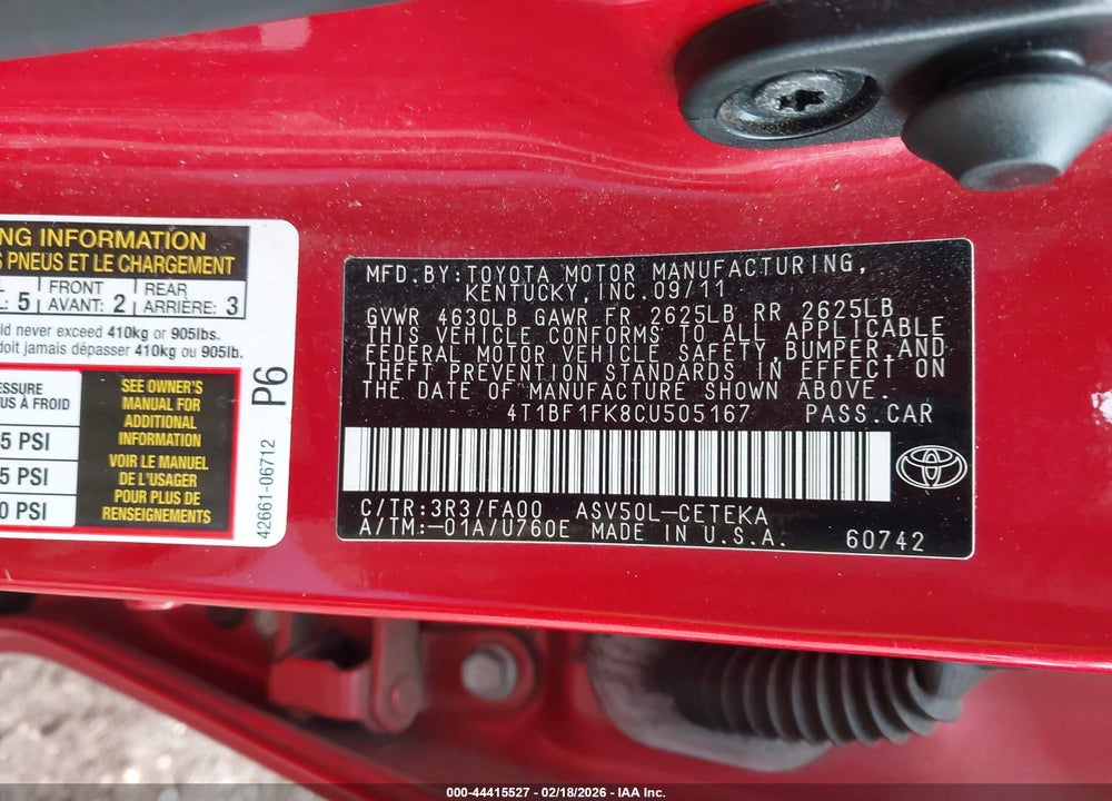 2012 TOYOTA CAMRY L VIN: 4T1BF1FK8CU505167