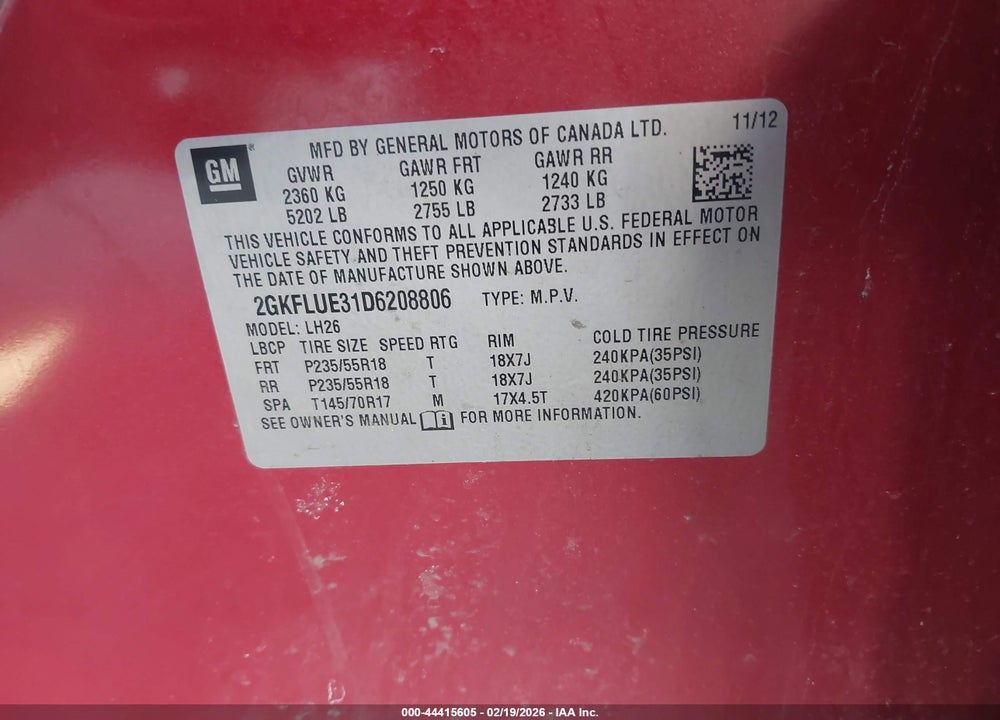 2013 GMC TERRAIN SLT-1 VIN: 2GKFLUE31D6208806