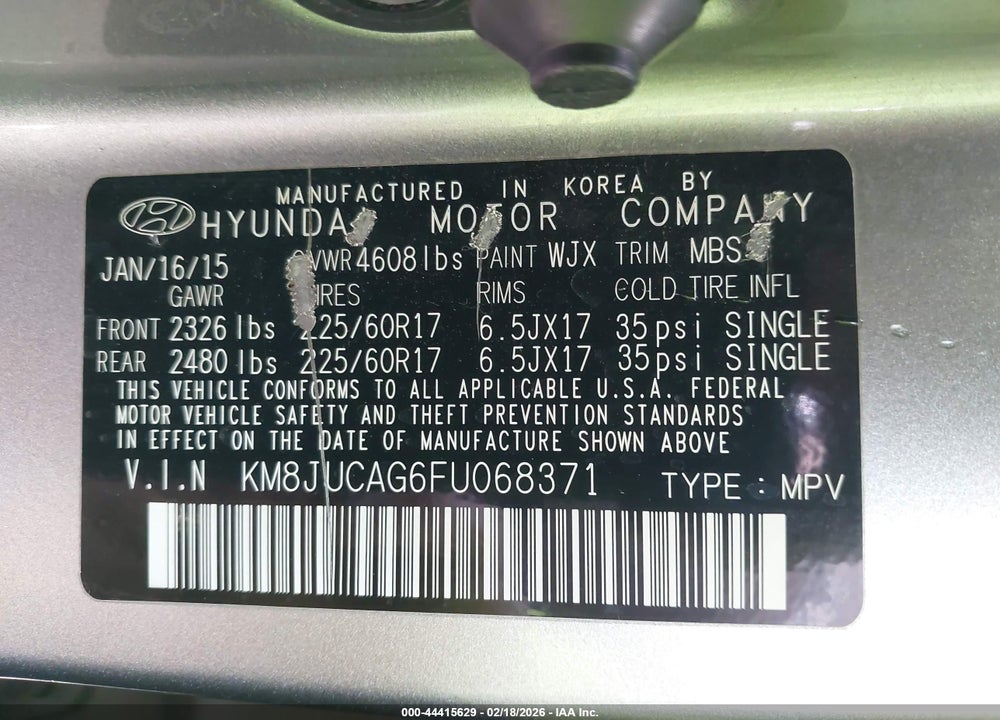 2015 HYUNDAI TUCSON SE VIN: KM8JUCAG6FU068371