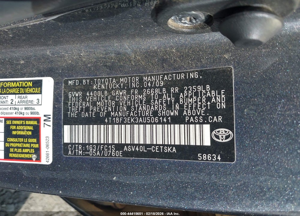 2010 TOYOTA CAMRY SE VIN: 4T1BF3EK3AU506141
