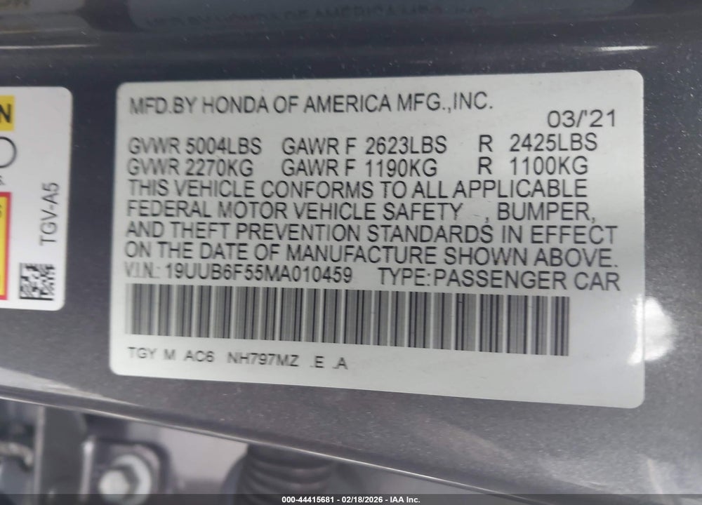 2021 ACURA TLX A-SPEC PACKAGE VIN: 19UUB6F55MA010459