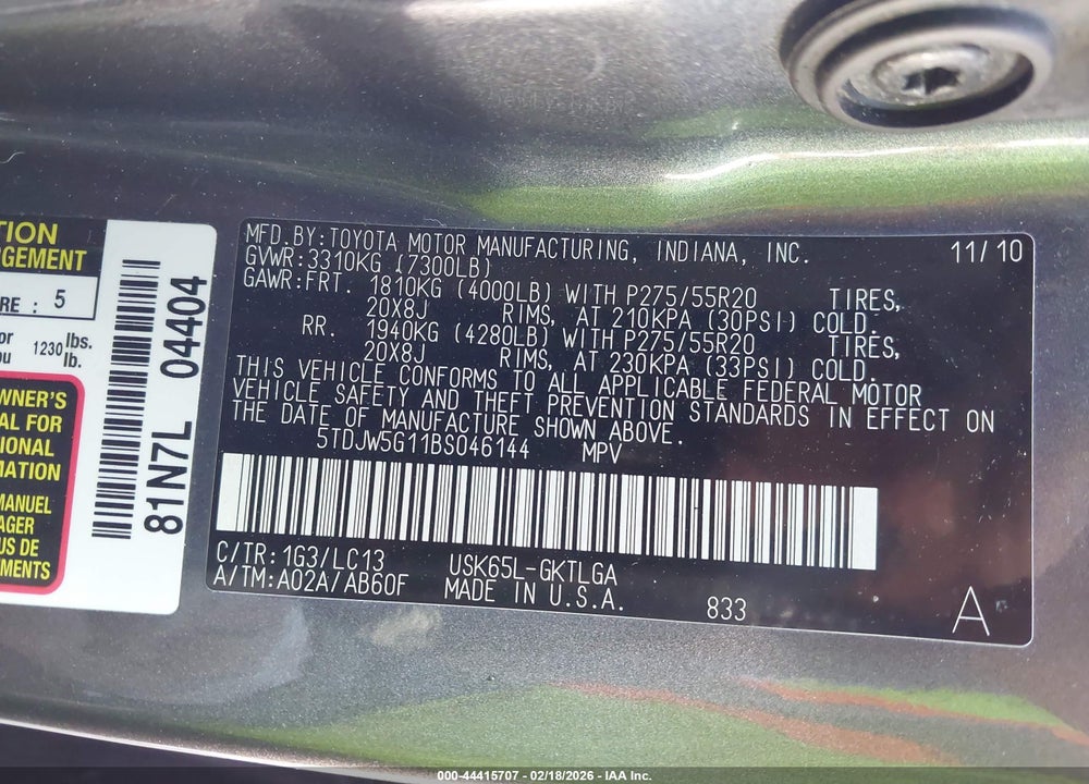 2011 TOYOTA SEQUOIA LIMITED 5.7L V8 VIN: 5TDJW5G11BS046144