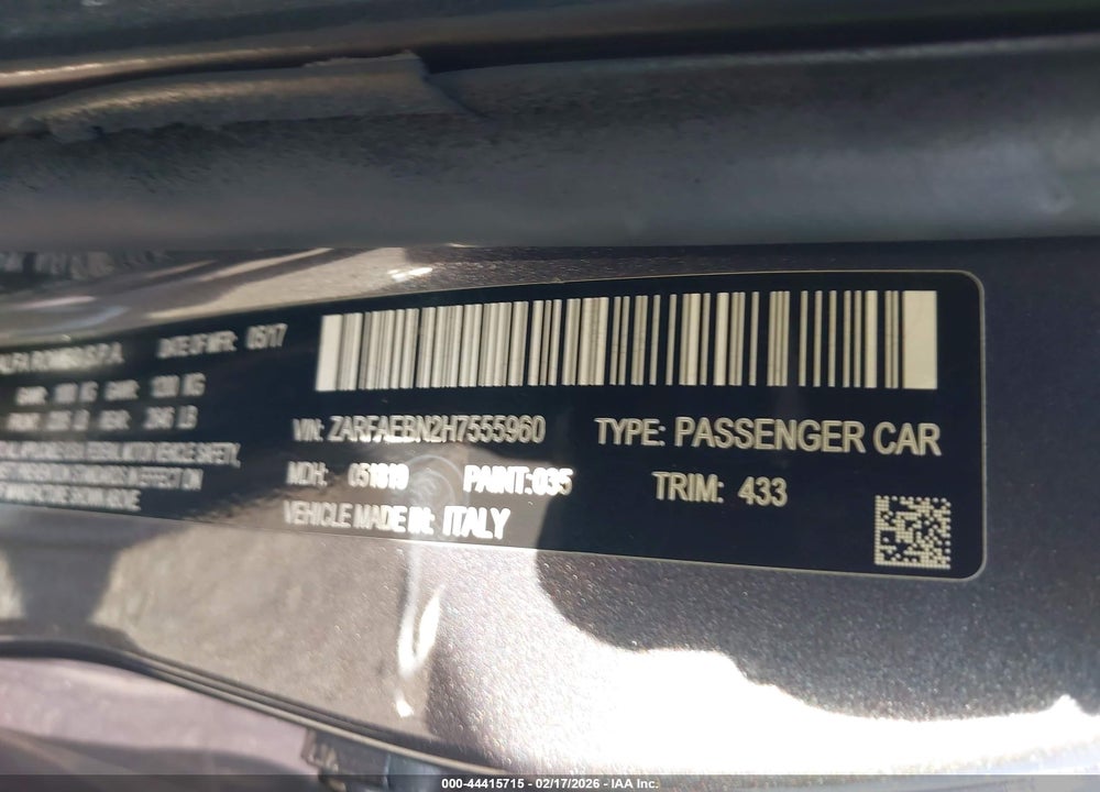 2017 ALFA ROMEO GIULIA RWD VIN: ZARFAEBN2H7555960