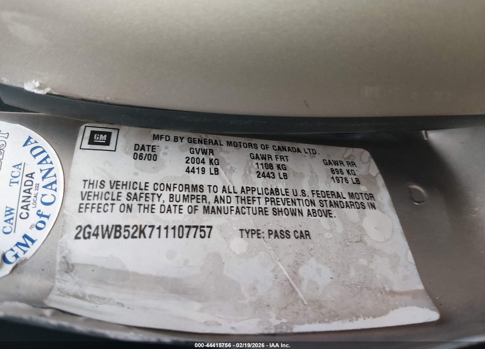 2001 BUICK REGAL LS VIN: 2G4WB52K711107757
