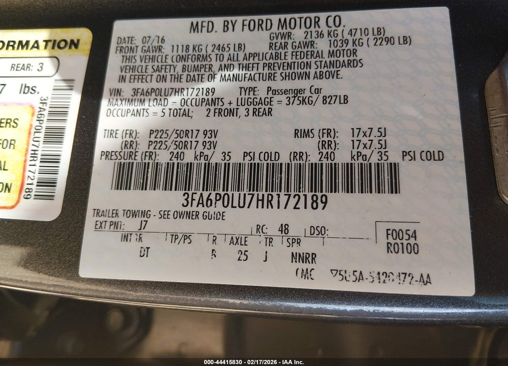 2017 FORD FUSION HYBRID SE VIN: 3FA6P0LU7HR172189