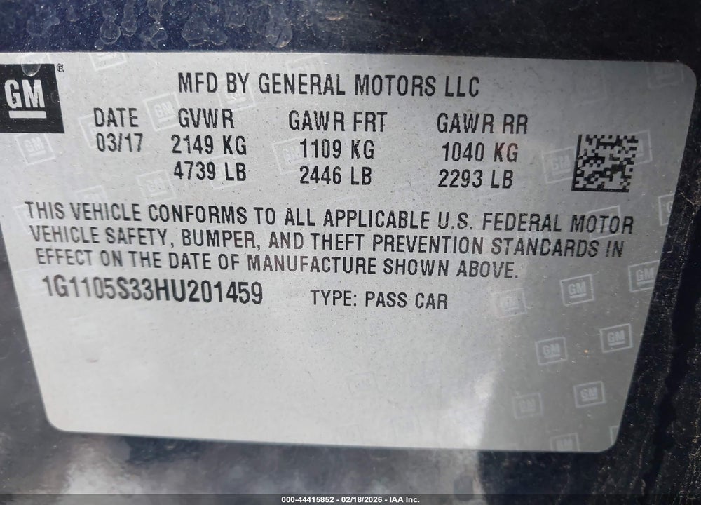 2017 CHEVROLET IMPALA 1LT VIN: 1G1105S33HU201459