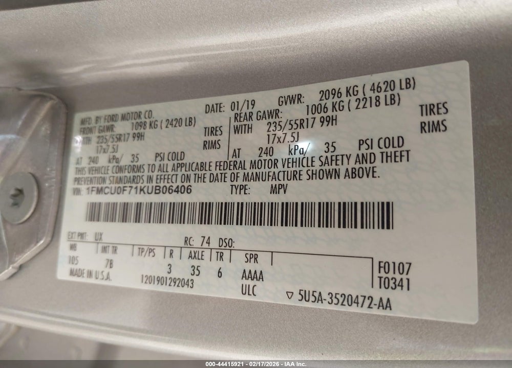 2019 FORD ESCAPE S VIN: 1FMCU0F71KUB06406