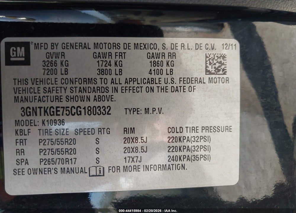 2012 CHEVROLET AVALANCHE 1500 LTZ VIN: 3GNTKGE75CG180332