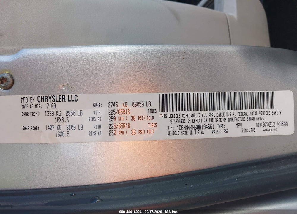 2008 DODGE GRAND CARAVAN SE VIN: 1D8HN44H68B194661