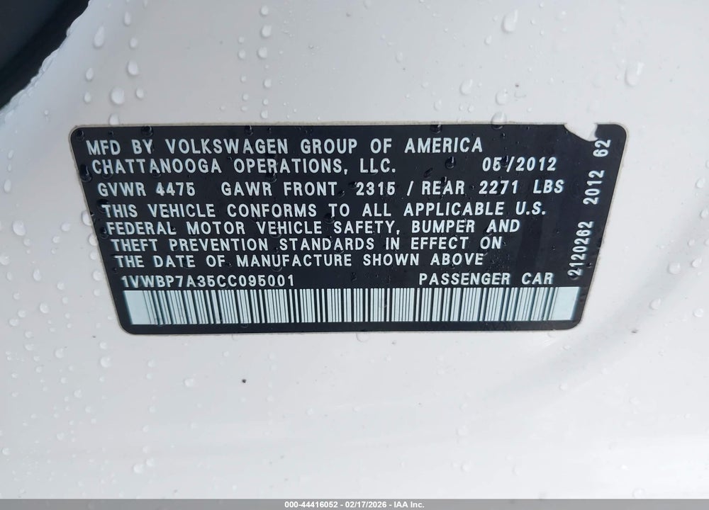 2012 VOLKSWAGEN PASSAT 2.5L SE VIN: 1VWBP7A35CC095001