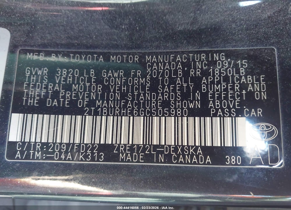 2016 TOYOTA COROLLA S W/SPECIAL EDITION PKG VIN: 2T1BURHE6GC505980