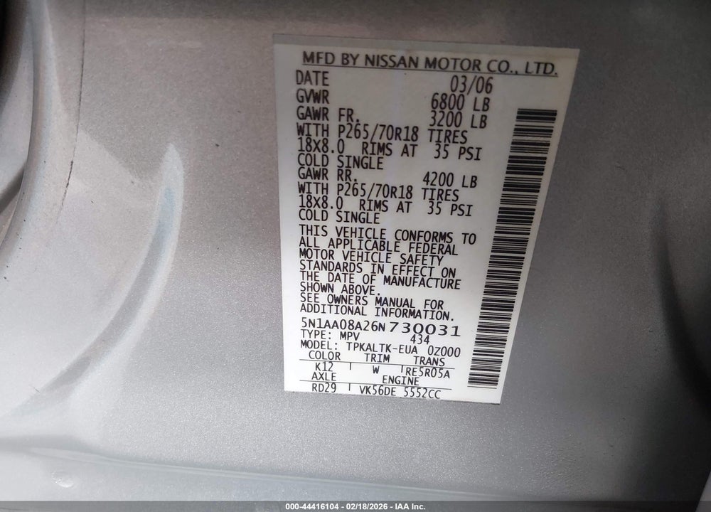 2006 NISSAN ARMADA SE VIN: 5N1AA08A26N730031