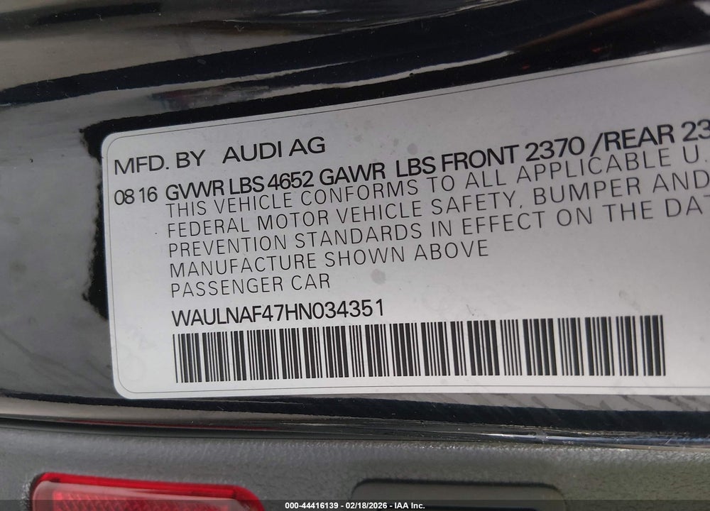 2017 AUDI A4 2.0T PREMIUM VIN: WAULNAF47HN034351
