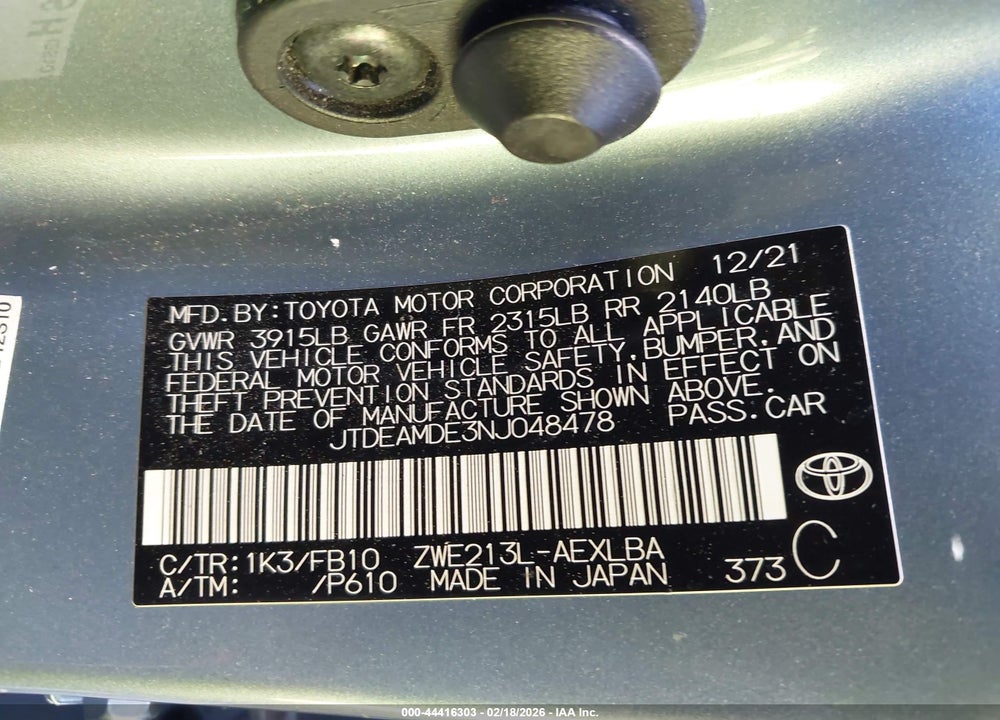 2022 TOYOTA COROLLA HYBRID LE VIN: JTDEAMDE3NJ048478