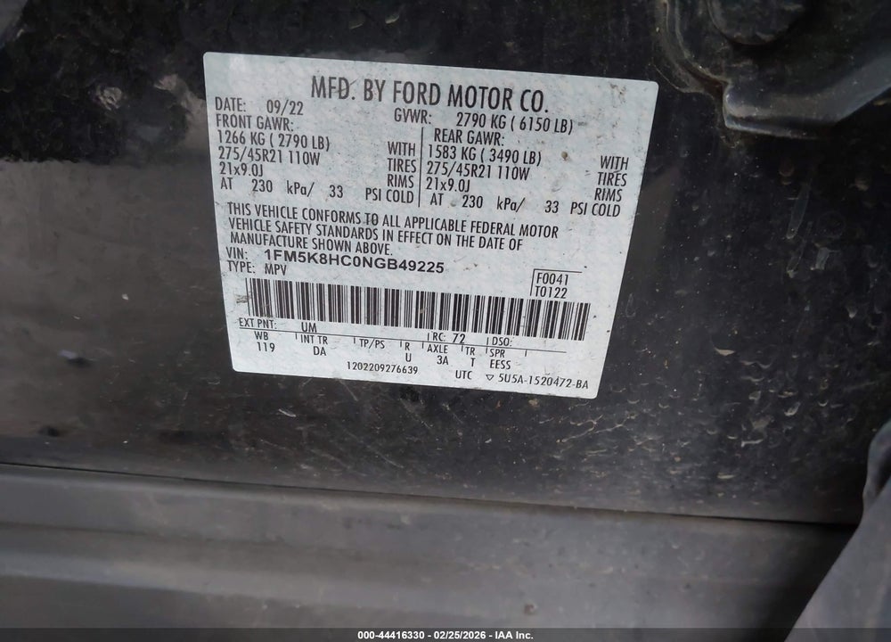 2022 FORD EXPLORER PLATINUM VIN: 1FM5K8HC0NGB49225