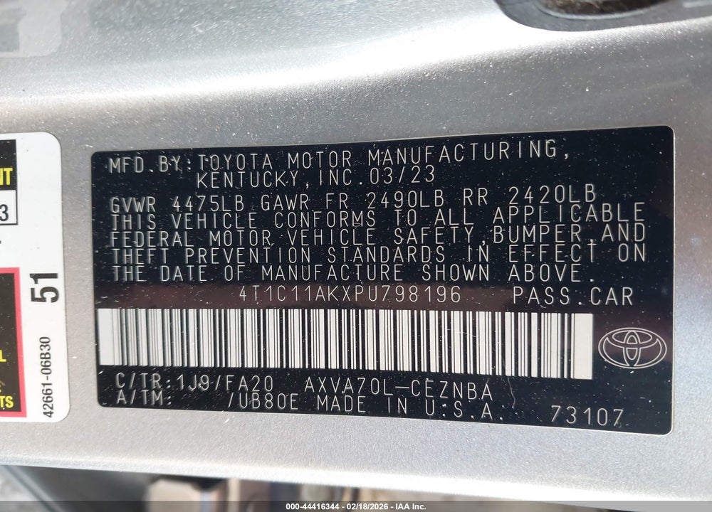 2023 TOYOTA CAMRY LE VIN: 4T1C11AKXPU798196