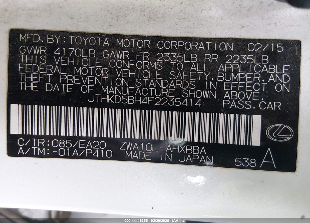 2015 LEXUS CT 200H VIN: JTHKD5BH4F2235414