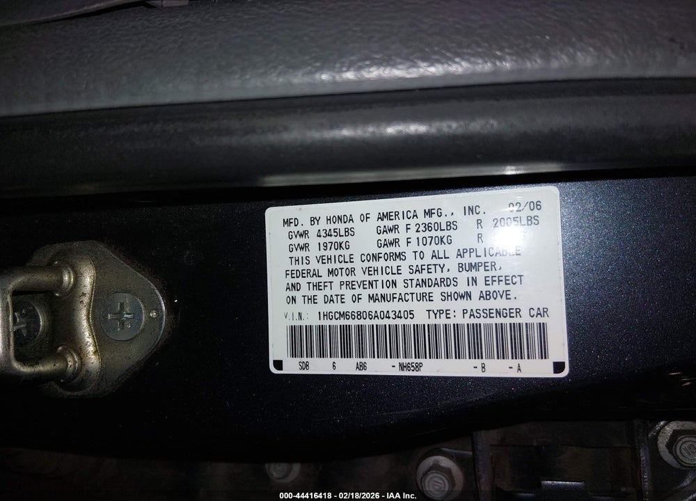 2006 HONDA ACCORD 3.0 EX VIN: 1HGCM66806A043405