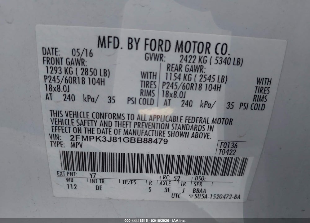 2016 FORD EDGE SEL VIN: 2FMPK3J81GBB88479