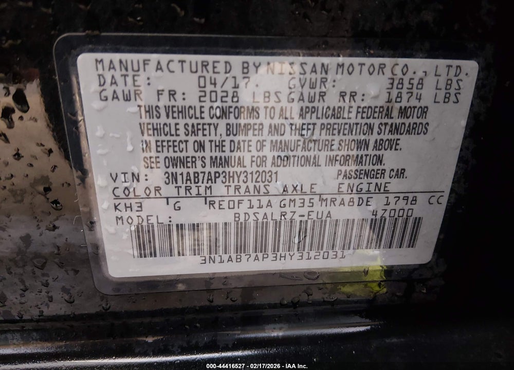 2017 NISSAN SENTRA SR VIN: 3N1AB7AP3HY312031