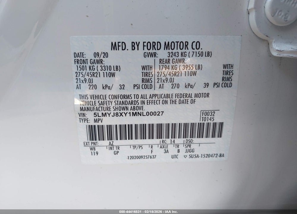 2021 LINCOLN AVIATOR GRAND TOURING VIN: 5LMYJ8XY1MNL00027