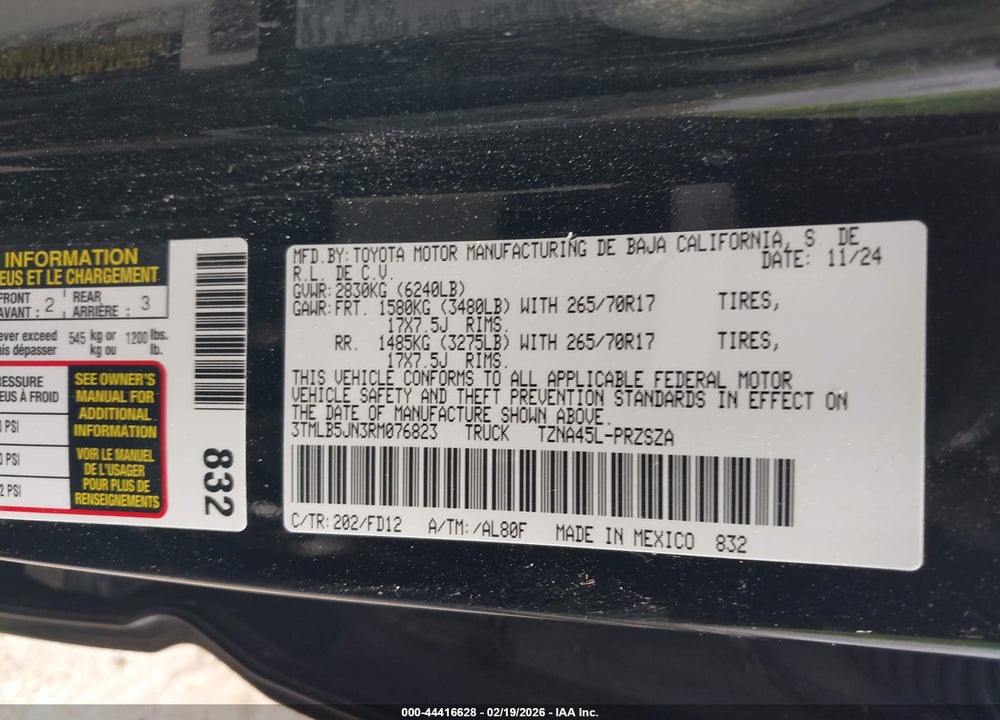 2024 TOYOTA TACOMA TRD OFF ROAD VIN: 3TMLB5JN3RM076823